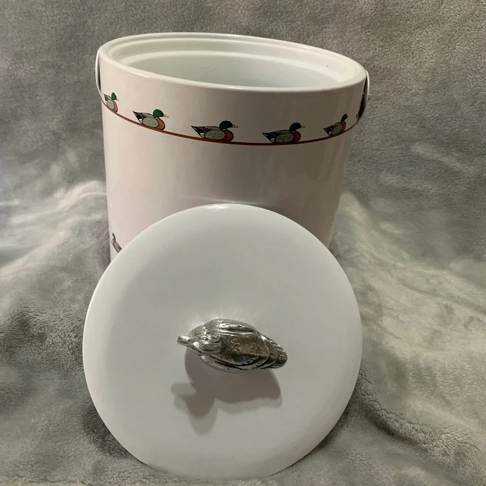 Georges Briard Vintage Mallard Duck Ice Bucket White Silver Finial Barware MCM
